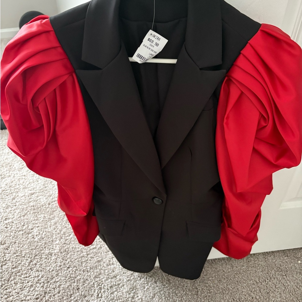 AKIRA Black and Red Blazer with Ruched Sleeves
